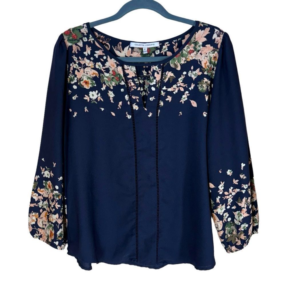 Collective Concepts Romantic Floral Blouse Bishop Sleeve Cutout Trim Navy Blue M